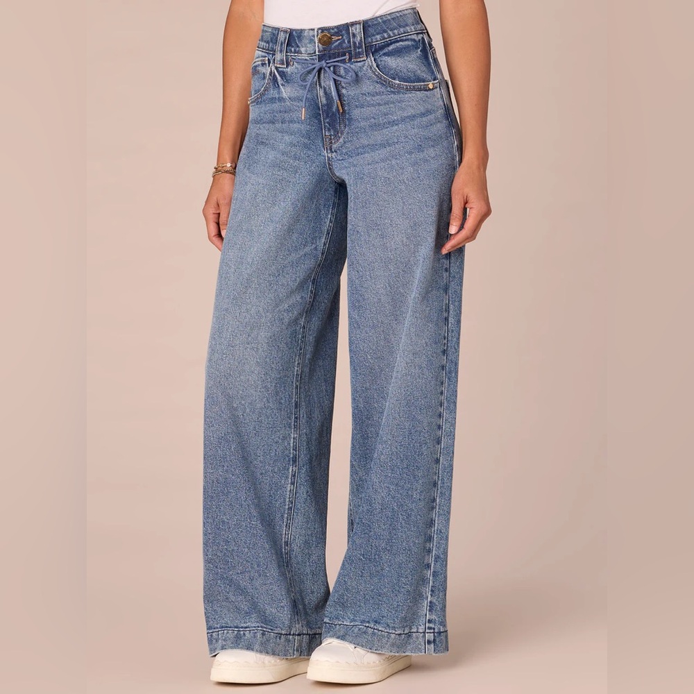 Democracy "Ab"solution Skyrise Drawstring Waistband Wide Leg Jeans, Dark Indigo - Picture 2 of 9